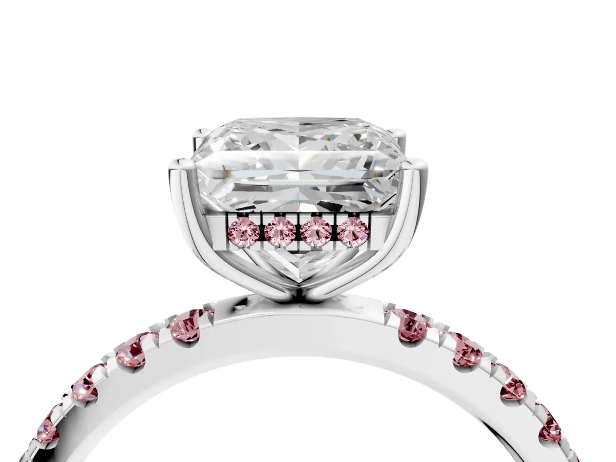Princess Cut Diamond Pave Band Solitaire Ring with Round Morganite and Prong Setting Silver