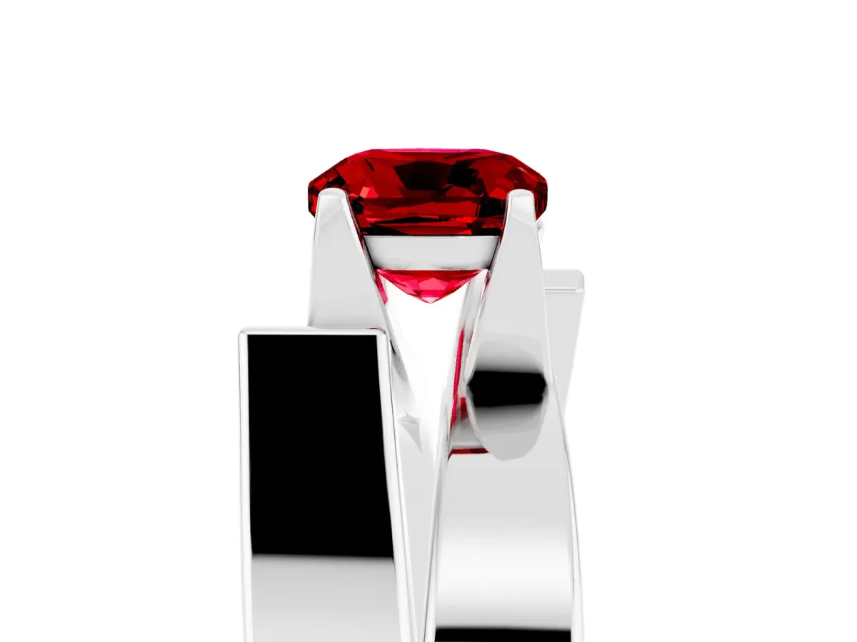 Modern Tension Set Cushion Cut Ruby Solitaire Wide Band Ring Silver
