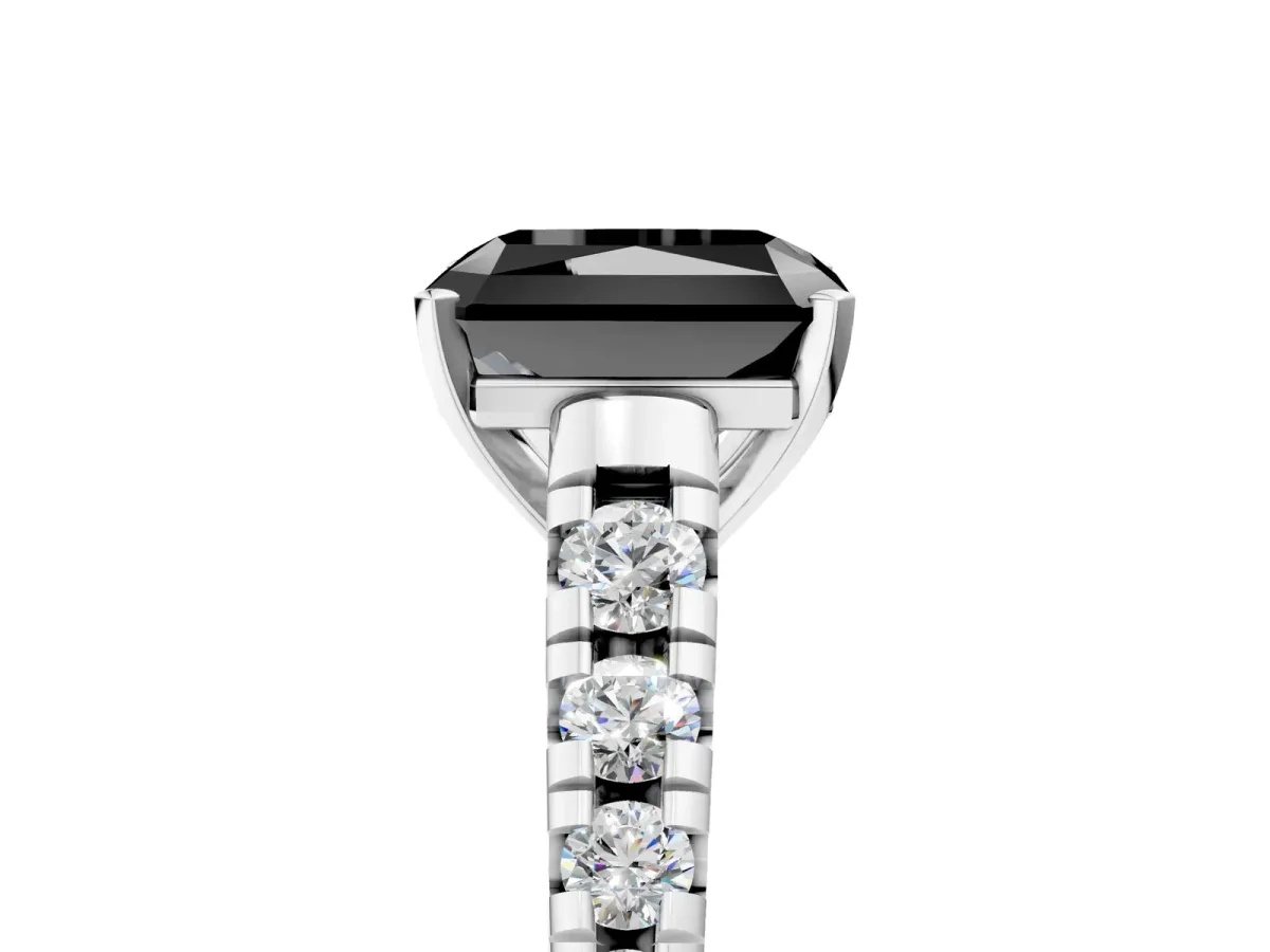Fancy Black Radiant Cut Diamond Cathedral Solitaire Ring with Round Pavé Band Silver