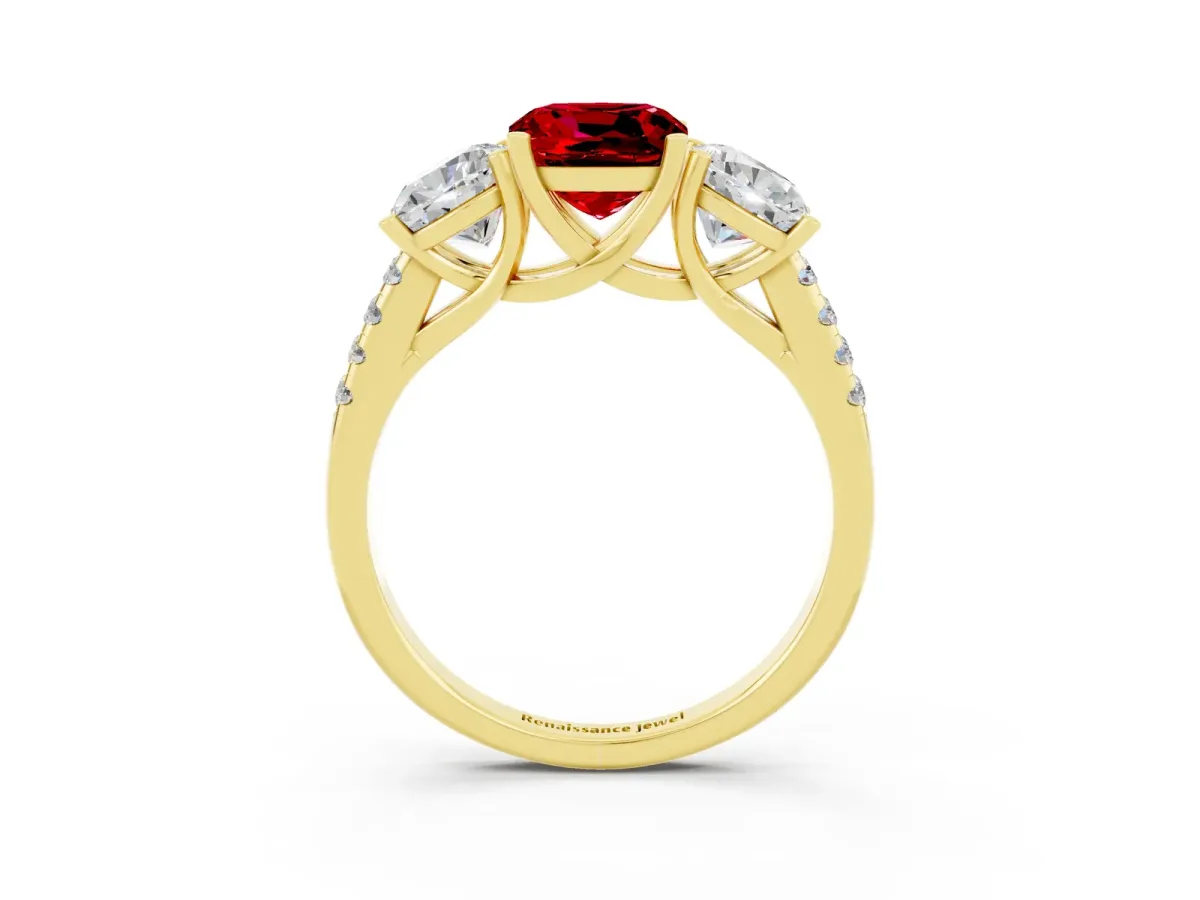 Three-Stone Cushion Cut Ruby Ring with Round Pavé Band and Prong Setting Yellow gold