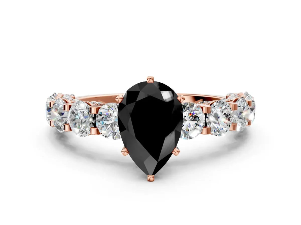 Fancy Black Pear Cut Diamond Side Stone Engagement Ring with Four-Prong Setting Rose gold
