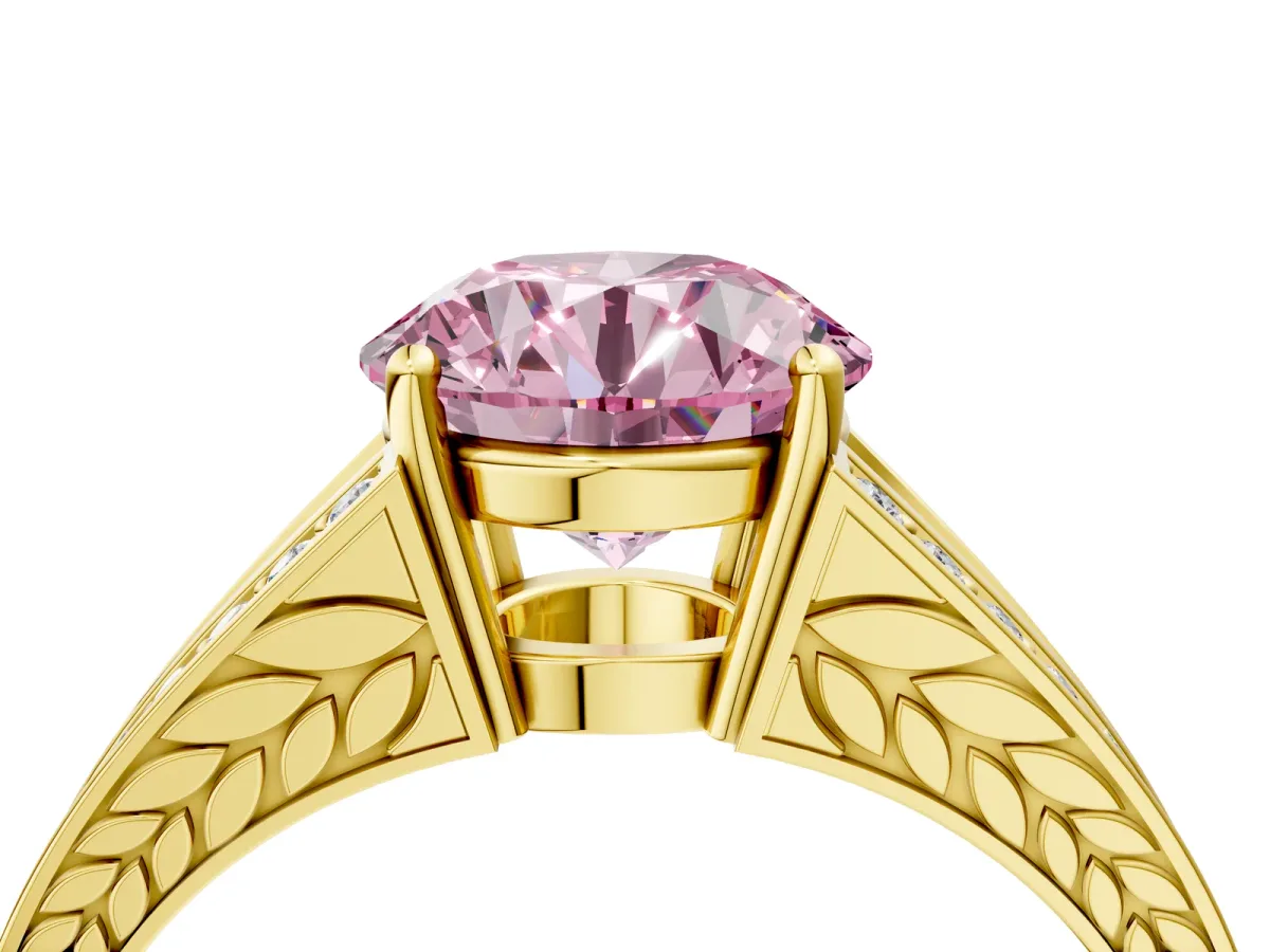 Fancy Pink Round Cut Diamond Split Shank Ring with Pavé Band and Four-Prong Setting Yellow gold