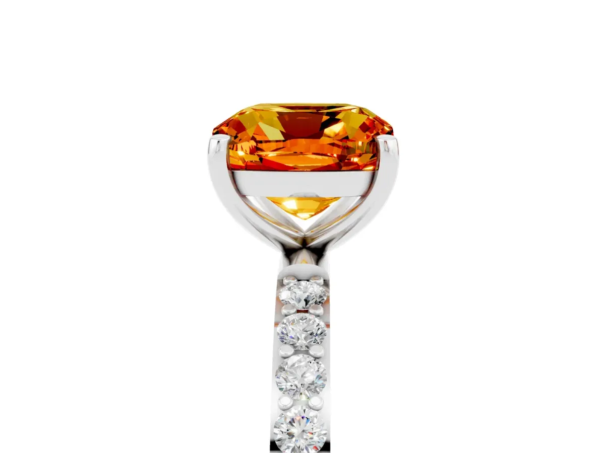 Cushion Cut Citrine Solitaire Ring with Round Pavé Band and Prong Setting Platinum
