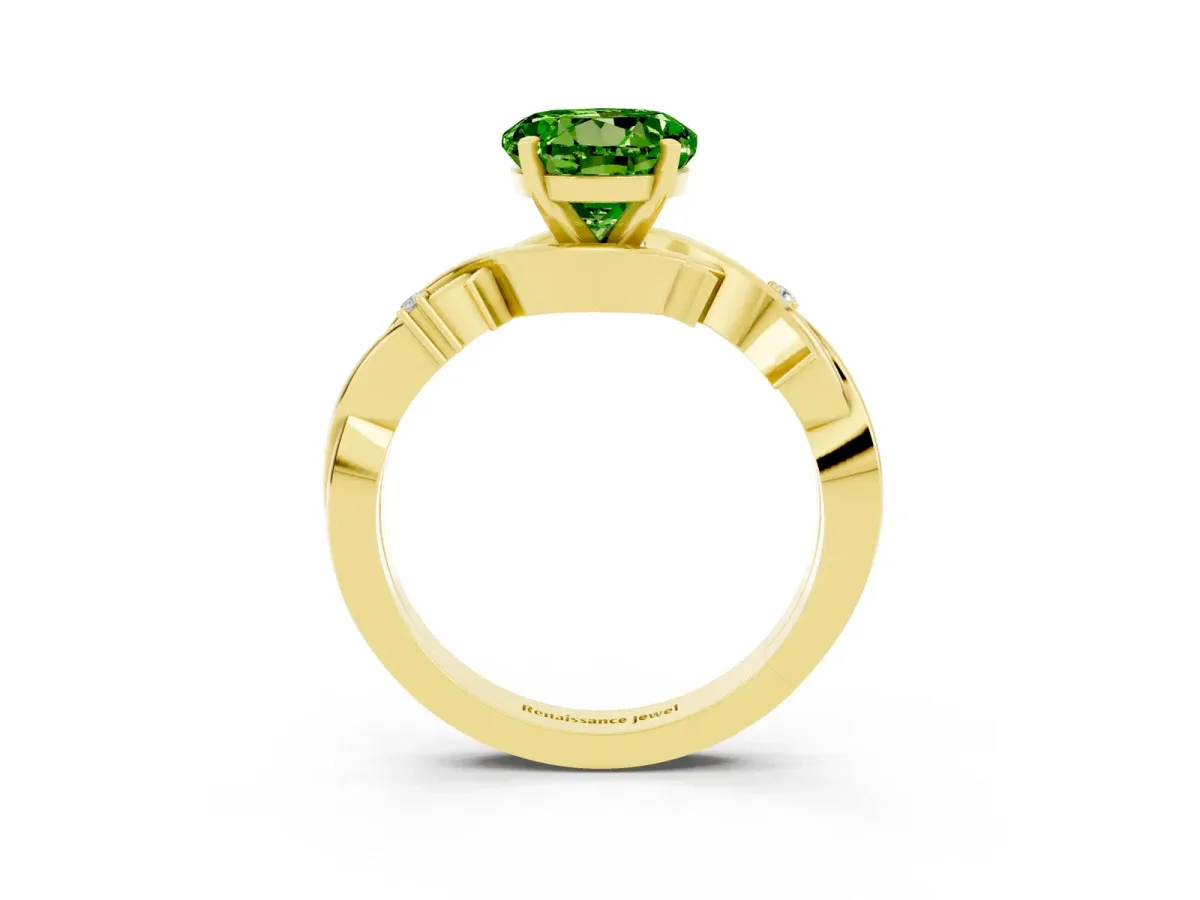 Round Cut Peridot Solitaire Ring with Twisted Band and Prong Setting Yellow gold