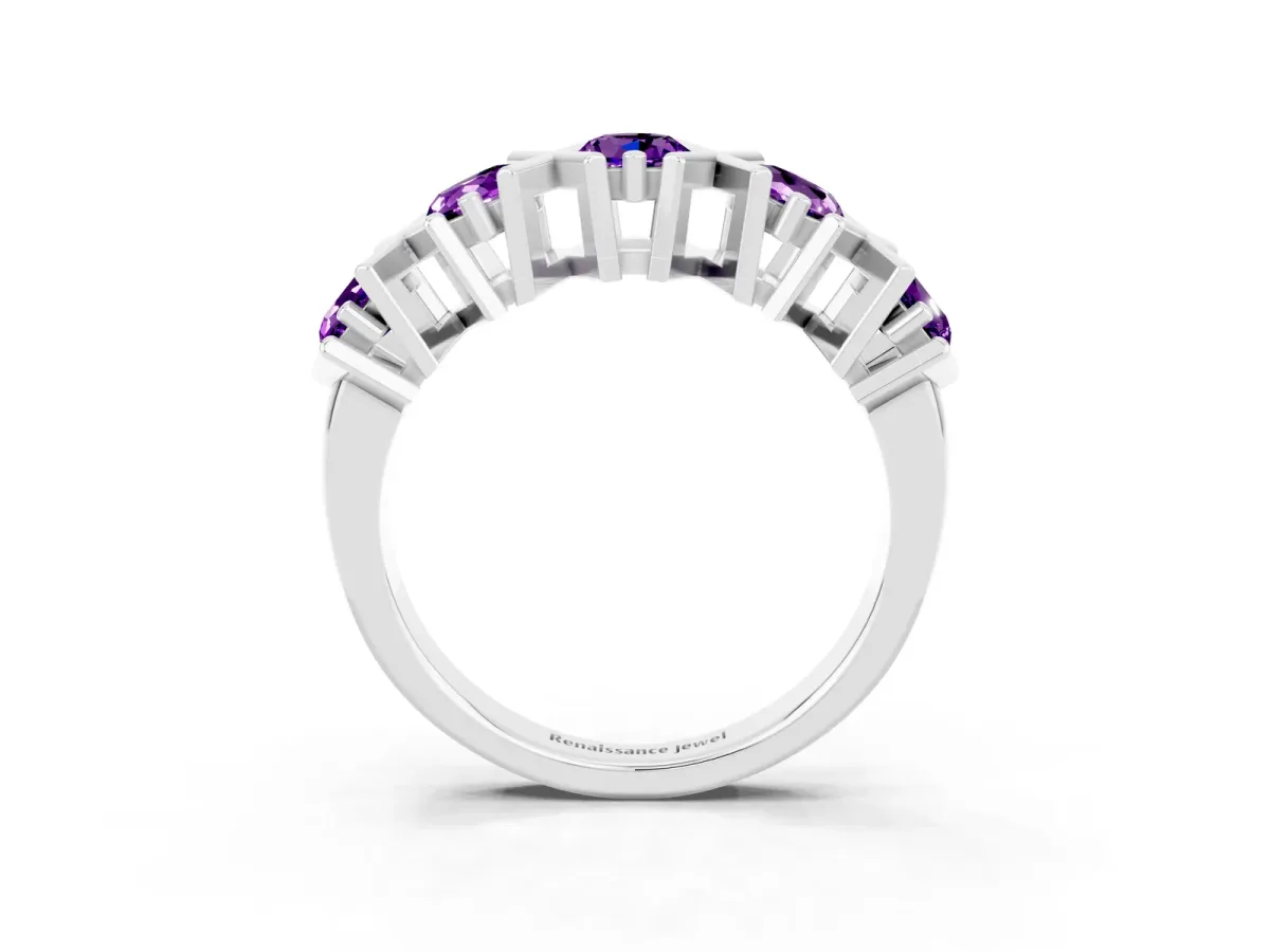 Round Amethyst Channel Set Band with X-Prong Detail Silver