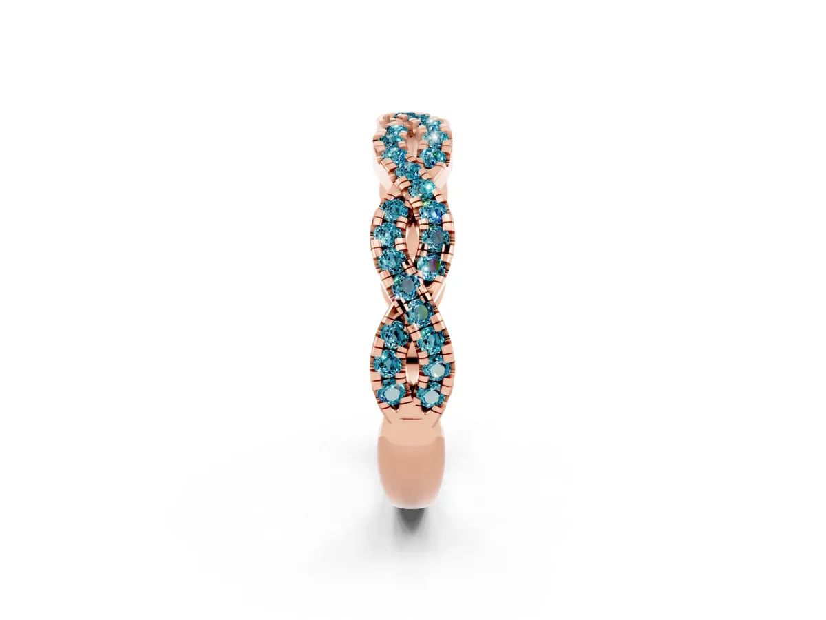 Round Blue Topaz Twisted Eternity Band with Pavé and Shared Prong Setting Rose gold