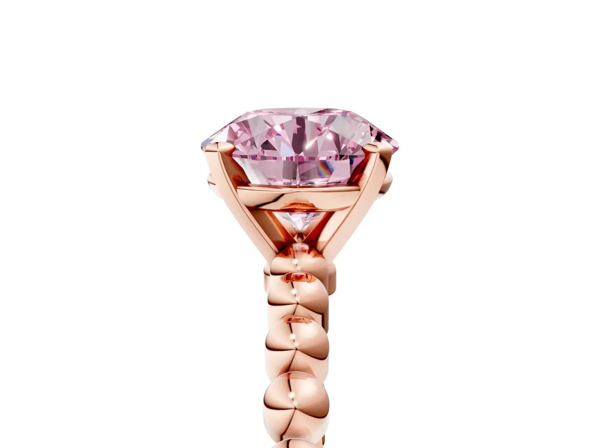 Fancy Pink Round Cut Diamond Solitaire Ring with Beaded Band and Prong Setting Rose gold