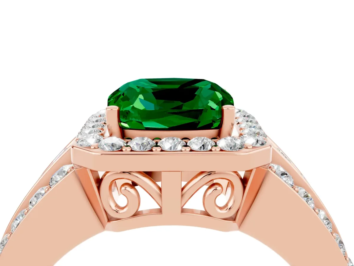 Cushion Cut Halo Emerald Ring with Round Split Shank and Prong Setting Rose gold