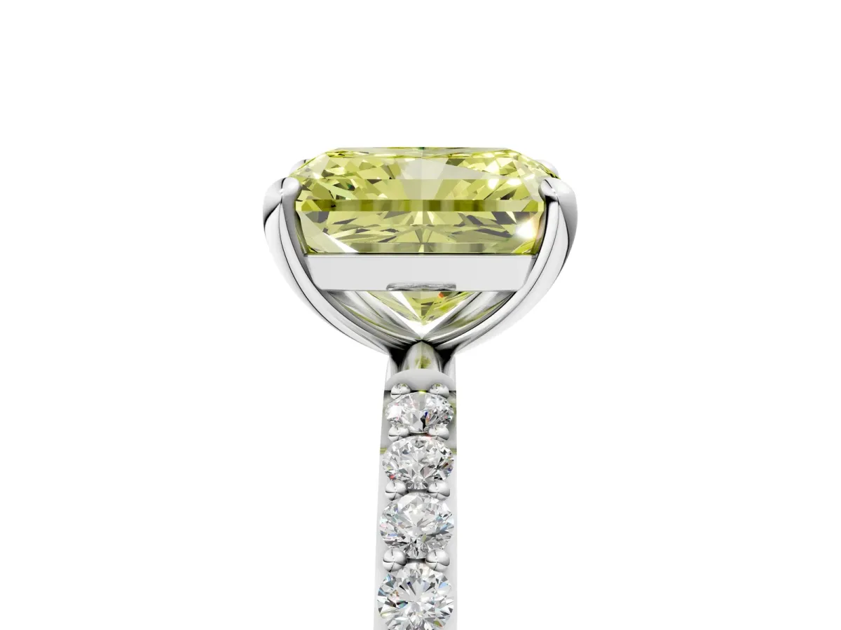 Fancy Yellow Radiant Cut Diamond Solitaire Ring with Round Pavé Band and Prong Setting Silver