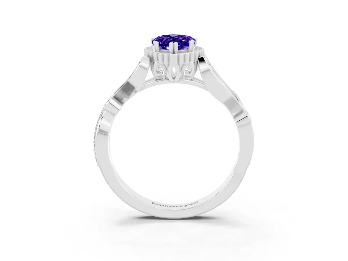 Pear Cut Tanzanite Halo Ring with Vintage Split Shank and Four-Prong Setting Platinum
