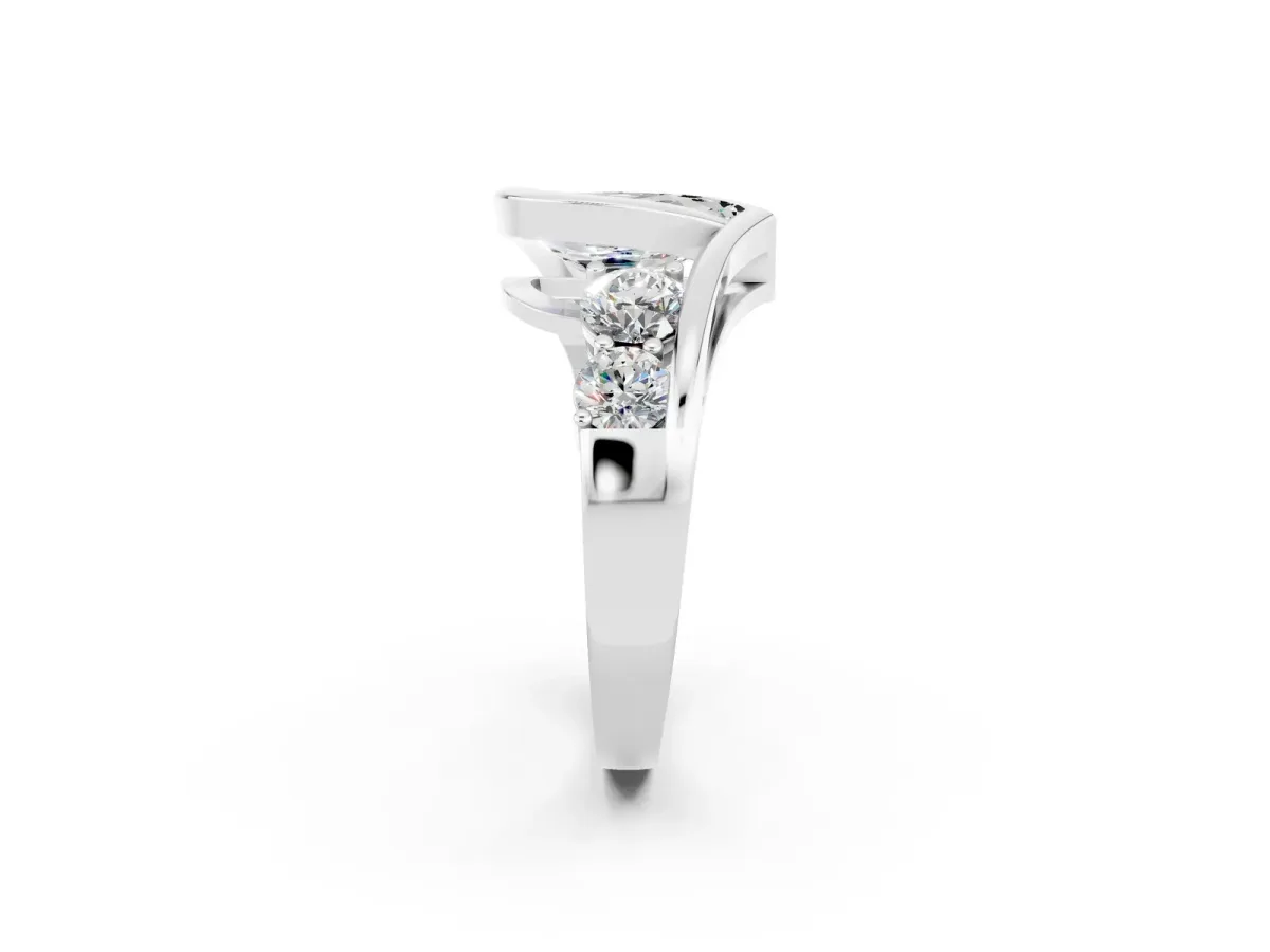 Bezel Set Pear Cut Moissanite Bypass Ring with Round Accents Silver