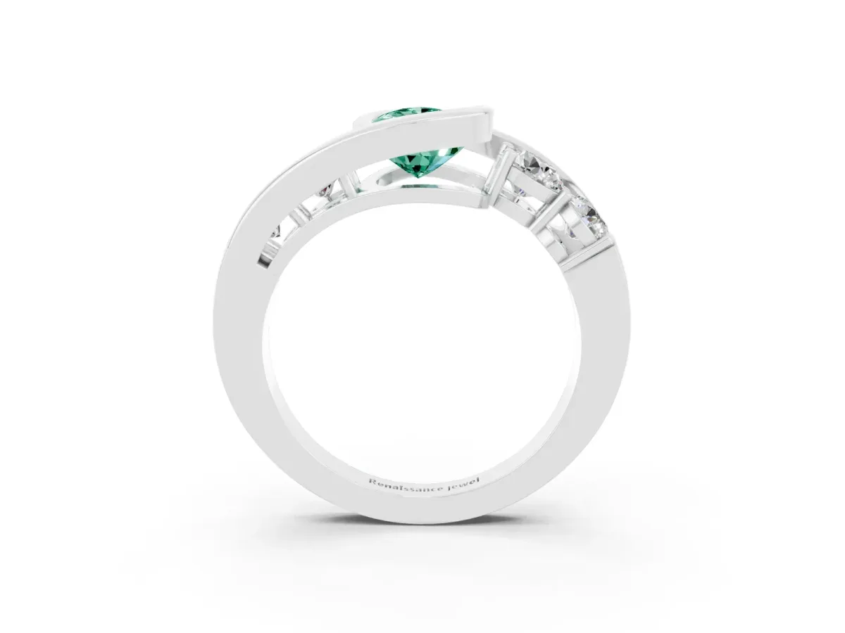 Bezel Set Pear Cut Green Sapphire Bypass Ring with Round Accents Silver