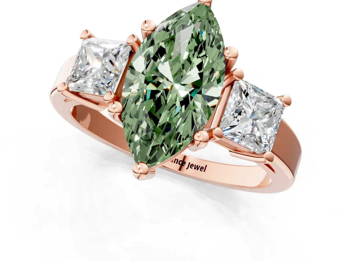 Fancy Green Three-Stone Marquise Cut Cut Solitaire Ring with Prong Setting Rose gold