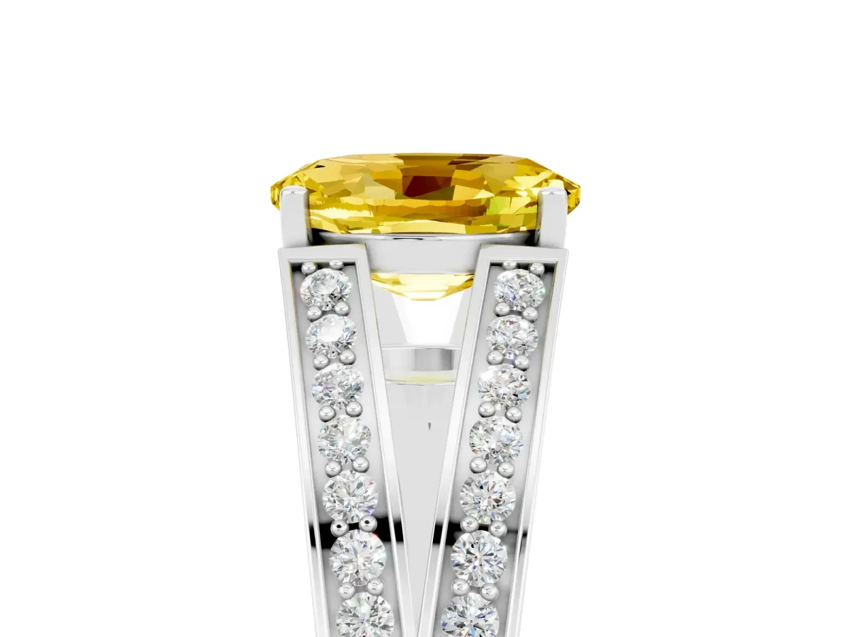 Oval Cut Yellow Sapphire Split Shank Ring with Pavé Band and Four-Prong Setting White gold