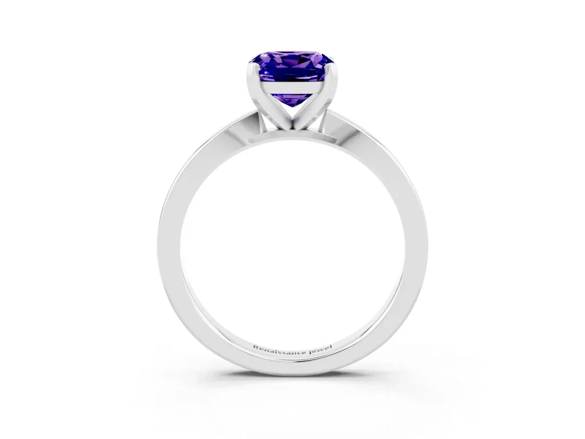 Cushion Cut Tanzanite Solitaire Engagement Ring with Classic Band and Four-Prong Setting Silver