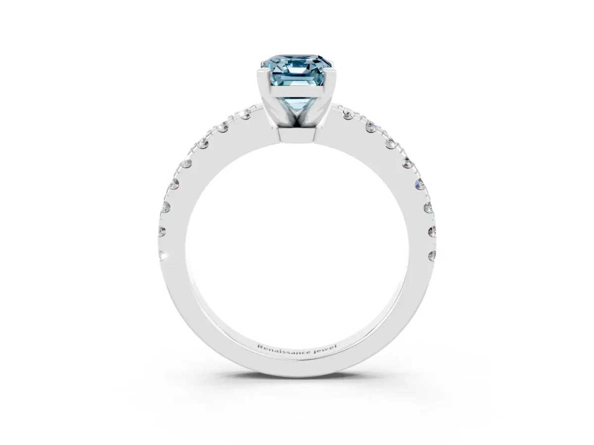 Emerald Cut Solitaire Aquamarine with Pavé Band and Four-Prong Setting Silver