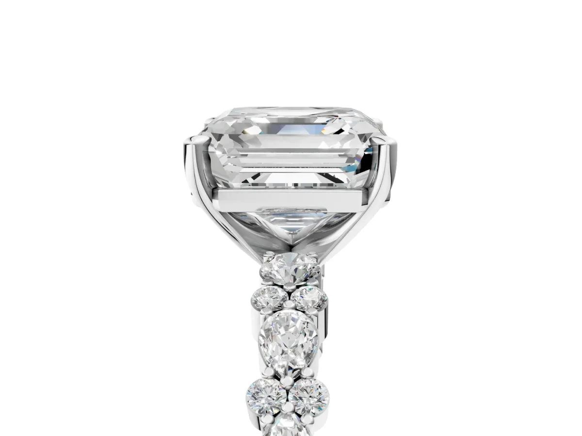 Asscher Cut Diamond Side Stone Solitaire Ring with Round and Four-Prong Setting Silver