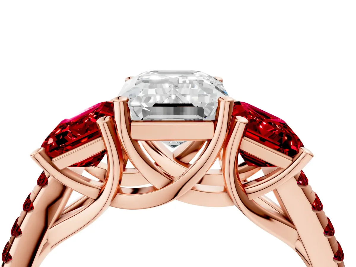 Three-Stone Emerald Cut Diamond Ring with Round Ruby Pavé Band and Prong Setting Rose gold