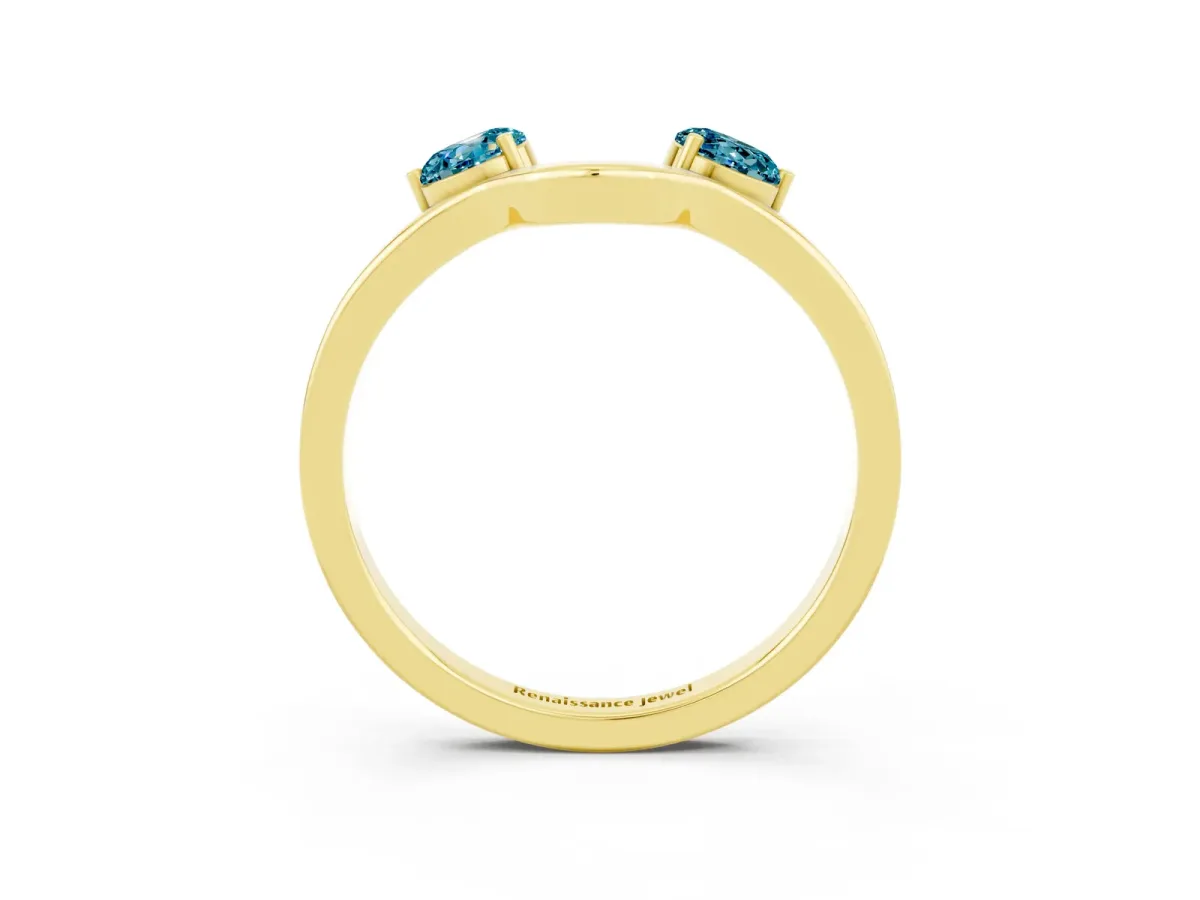 Dual Round Blue Topaz Open Band Ring with Prong Setting Yellow gold