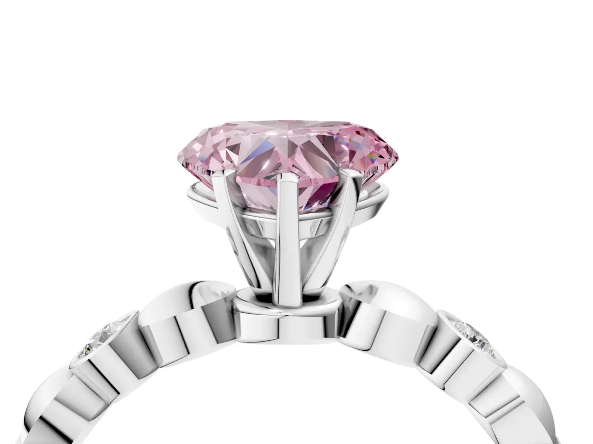 Fancy Pink Heart Cut Solitaire Bezel-Set Diamond Ring with Beaded Band and Four-Prong Setting Silver