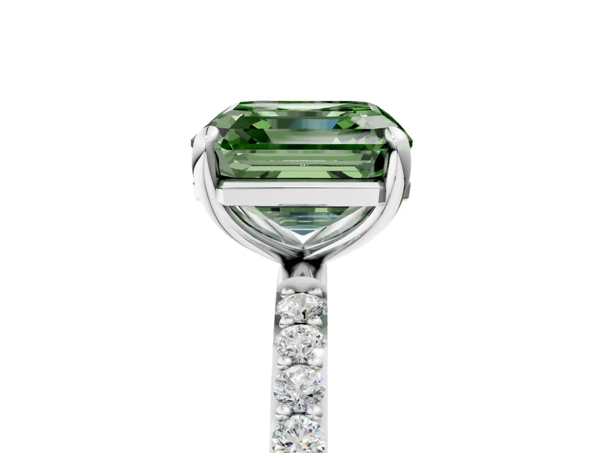 Fancy Green Asscher Cut Diamond Solitaire Ring with Round Pavé Band and Prong Setting Silver