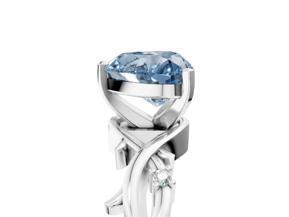 Fancy Blue Heart Cut Diamond Solitaire Ring with Twisted Band and Prong Setting Platinum