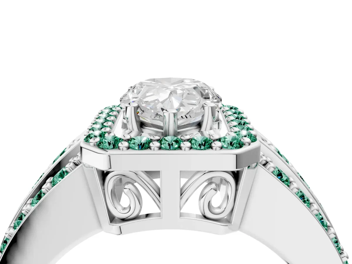 Pear Cut Halo Diamond Ring with Round Green Sapphire Split Shank and Prong Setting Silver