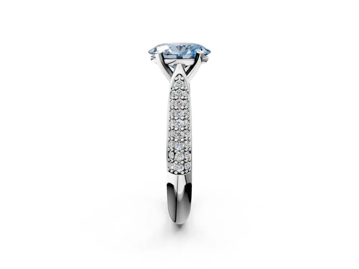 Fancy Blue Oval Cut Diamond Solitaire Engagement Ring with Multi-Row Round Pavé Band and Prong Setting Silver