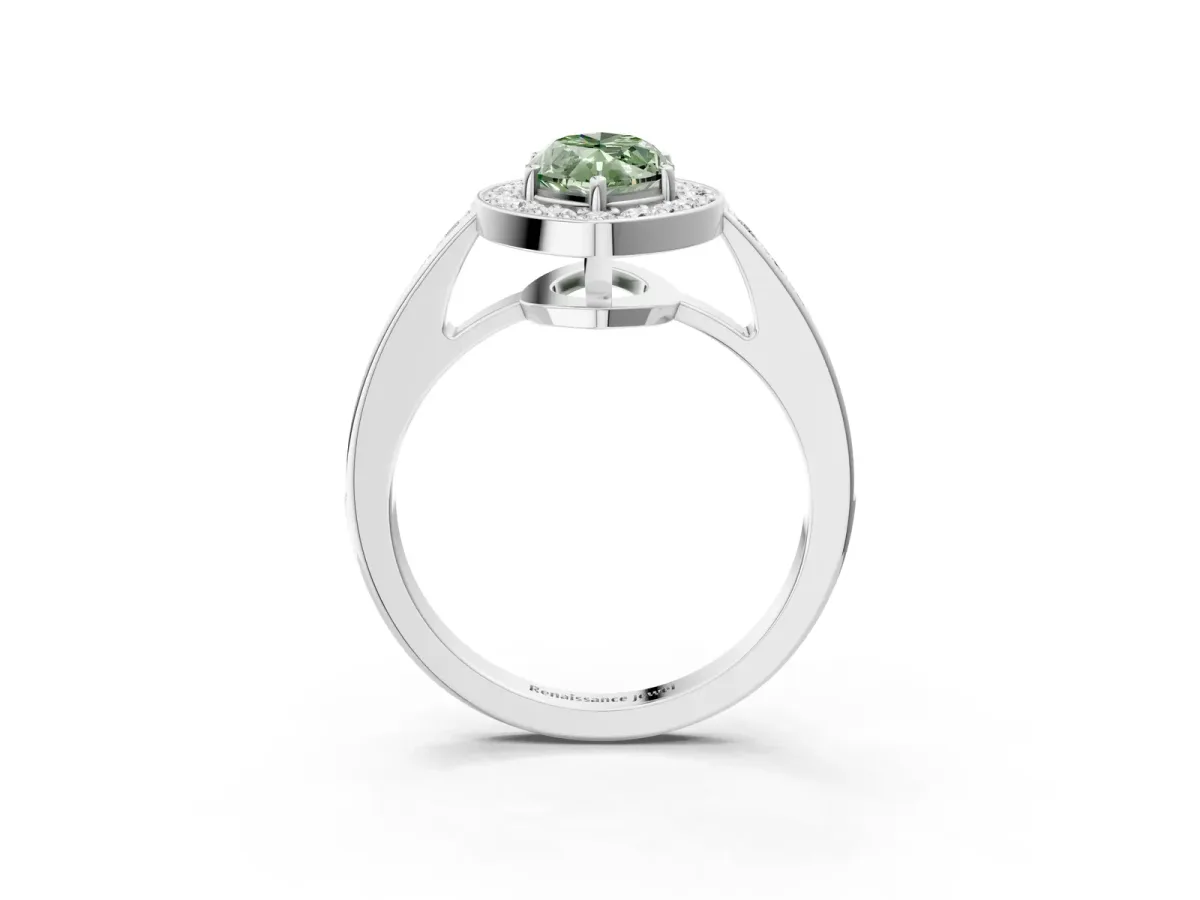 Fancy Green Marquise Cut Halo Pavé Diamond Engagement Ring with Bezel Setting Silver
