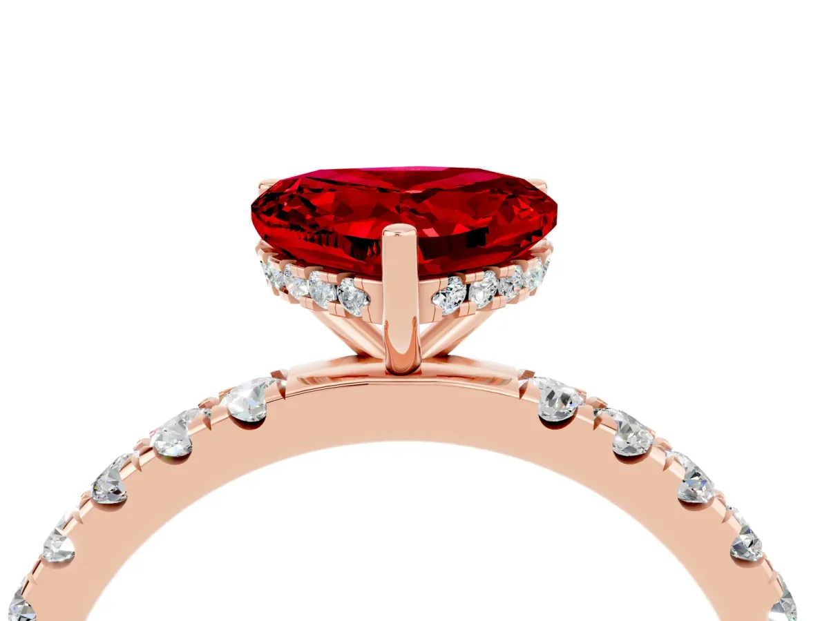 Heart Cut Ruby Pave Band Solitaire Ring with Round and Prong Setting Rose gold