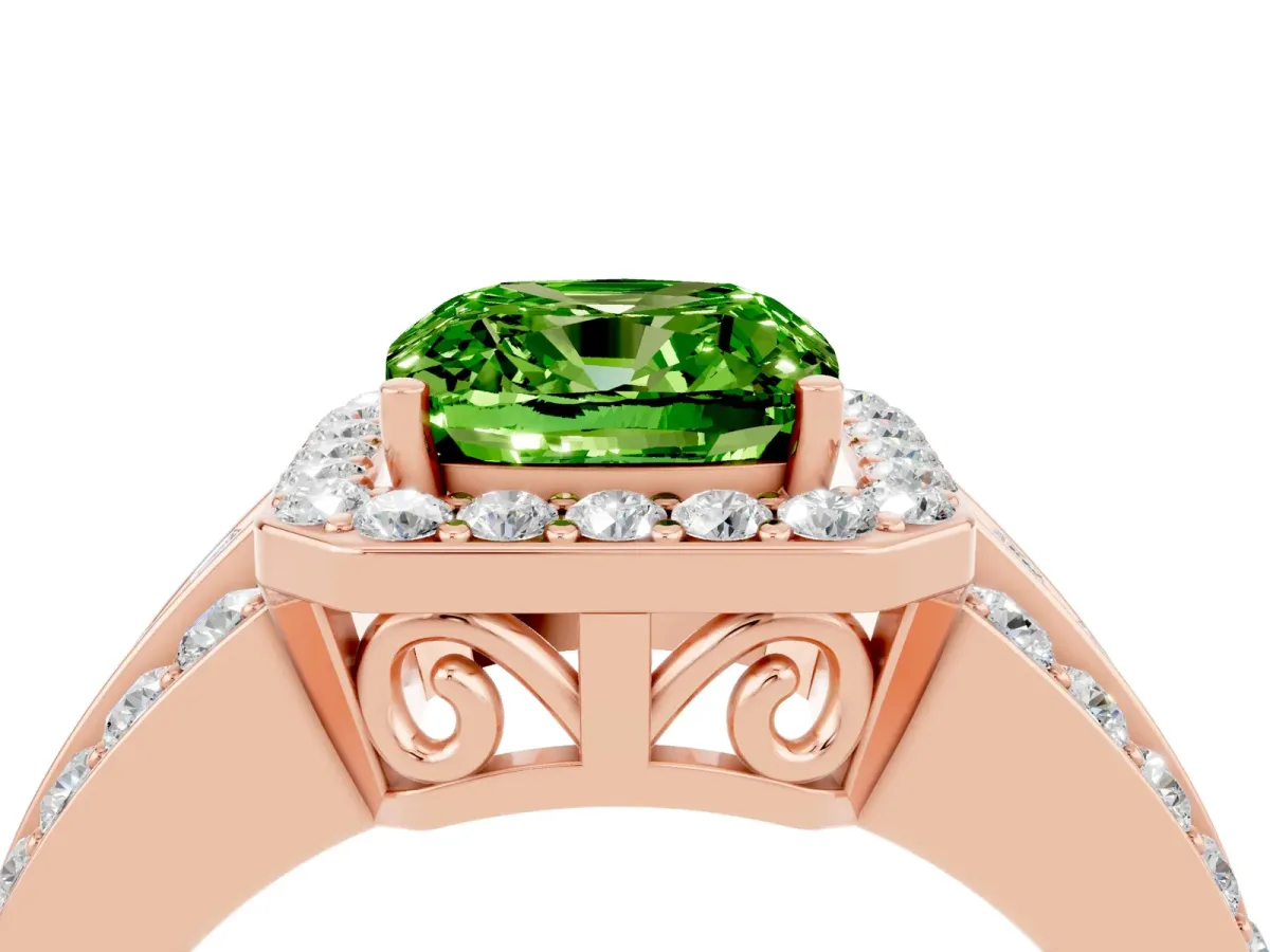 Cushion Cut Halo Peridot Ring with Round Split Shank and Prong Setting Rose gold