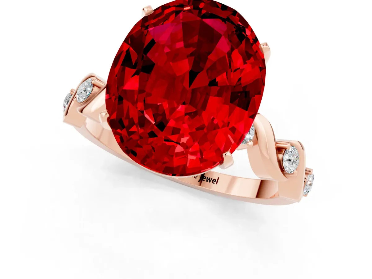 Oval Cut Ruby Solitaire Twisted Band with Round Accents and Prong Setting Rose gold
