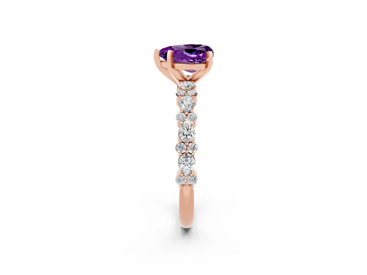 Heart Cut Amethyst Side Stone Solitaire Ring with Round and Four-Prong Setting Rose gold