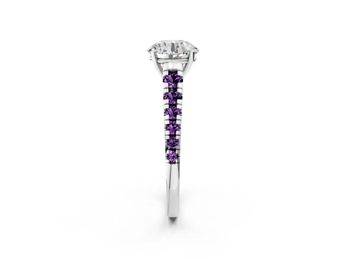 Round Cut Diamond Cathedral Solitaire Ring with Round Amethyst Pavé Band Silver