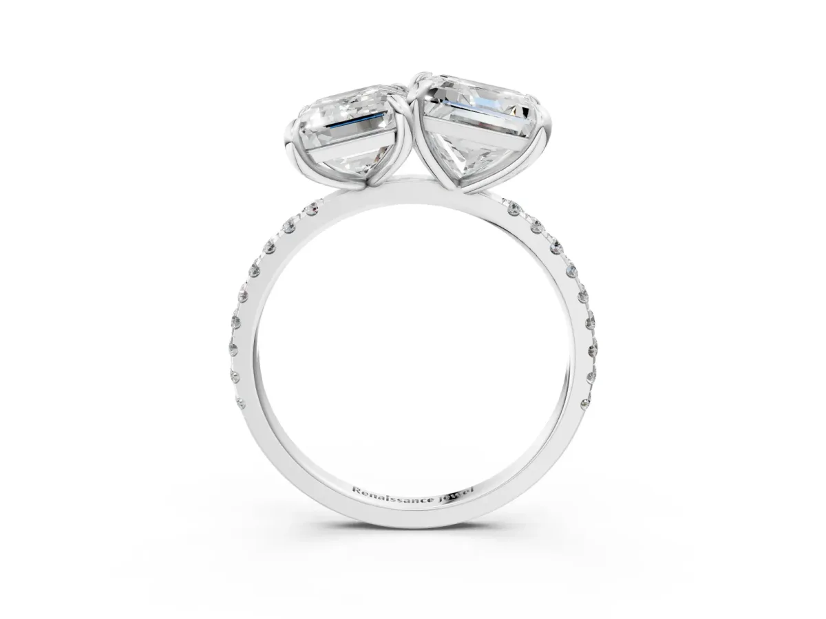 Emerald and Princess Toi Moi Ring with Prong Setting and Micro Pave Band Platinum