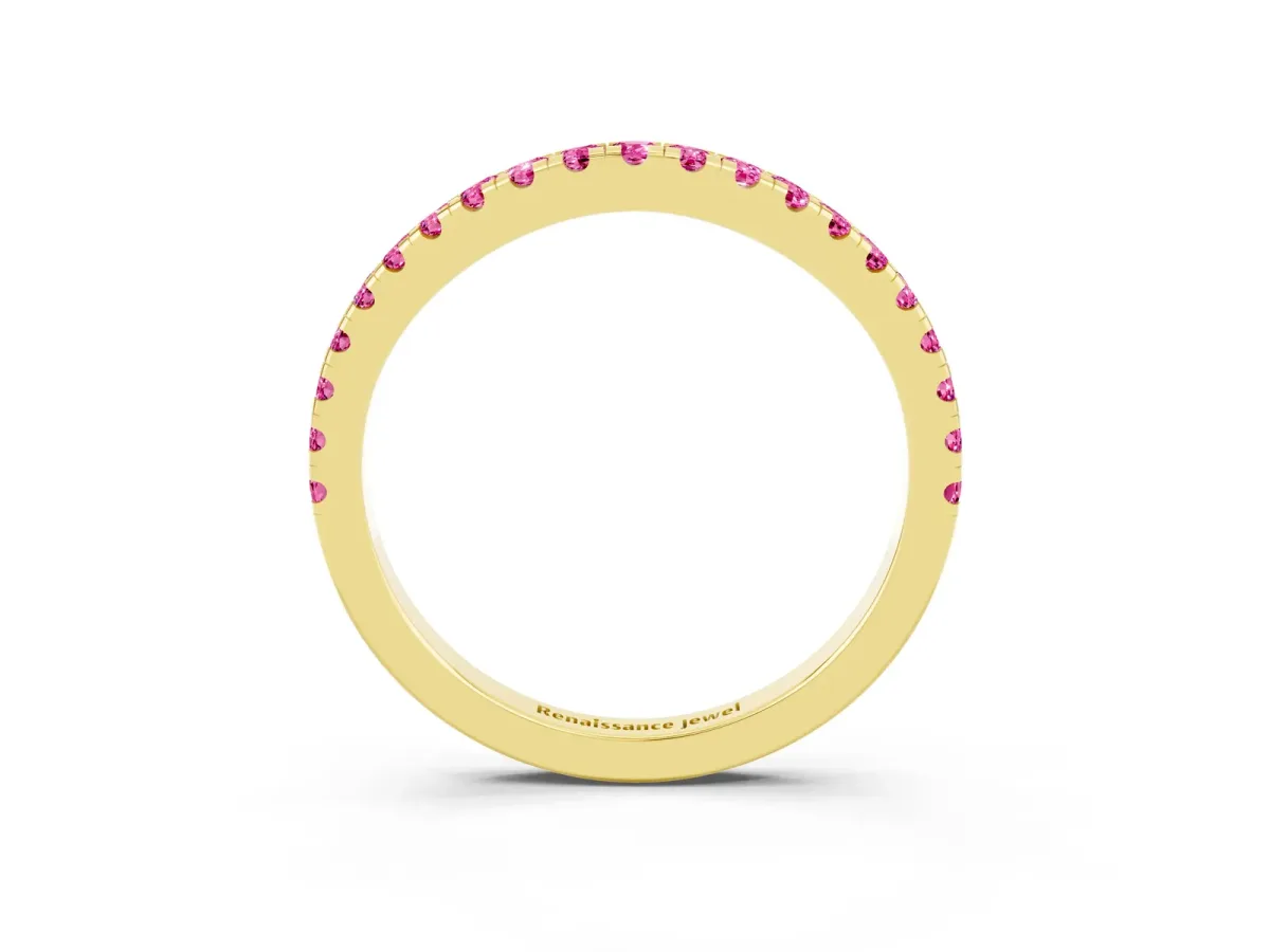 Round Pink Sapphire Pavé Half Eternity Band with Shared Prong Setting Yellow gold