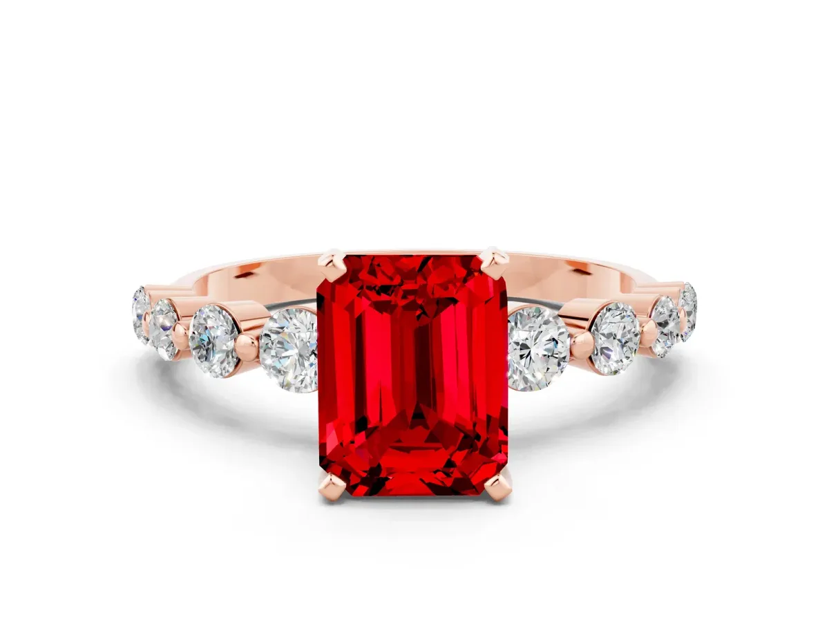 Emerald Cut Solitaire Ruby Ring with Pave Band and Four-Prong Setting Rose gold