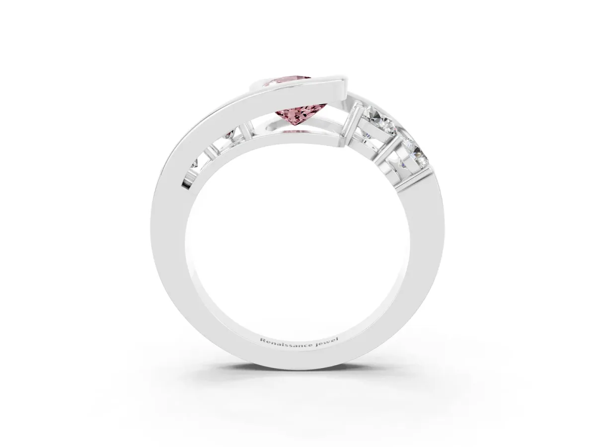 Bezel Set Pear Cut Morganite Bypass Ring with Round Accents Silver