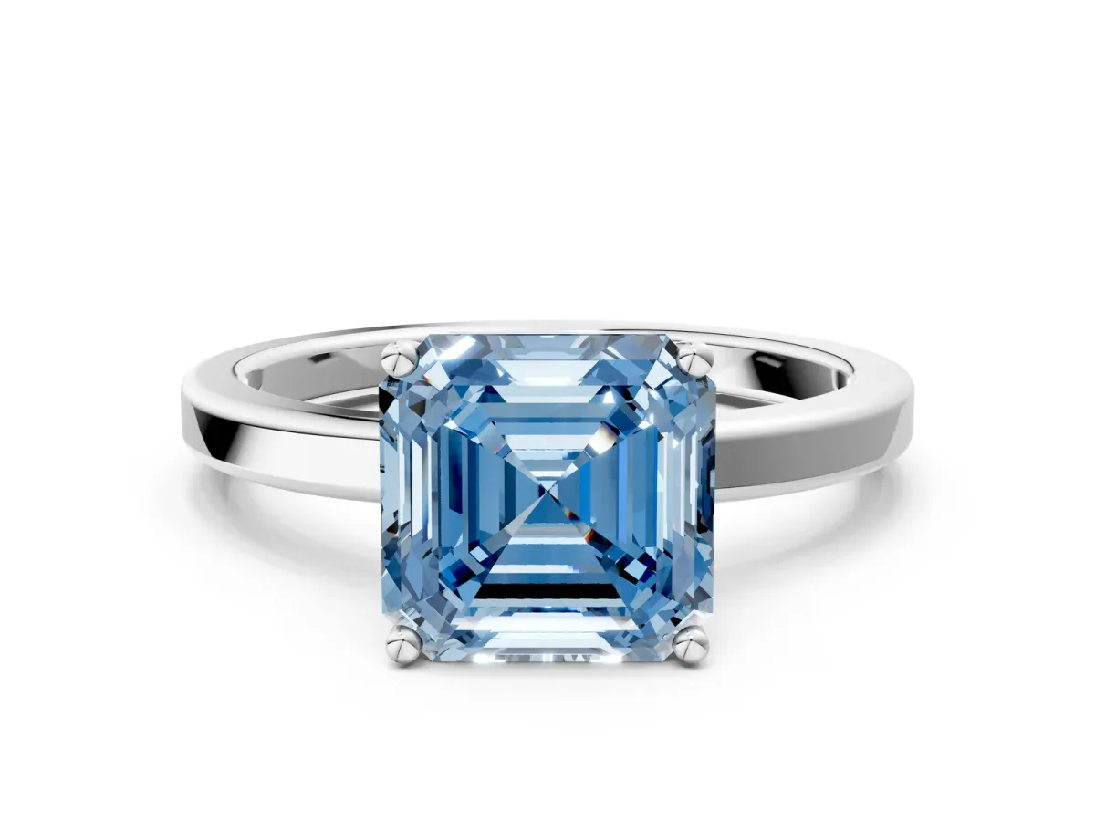 Fancy Blue Asscher Cut Cut Solitaire Engagement Ring with Four-Prong Setting on a Classic Band Platinum