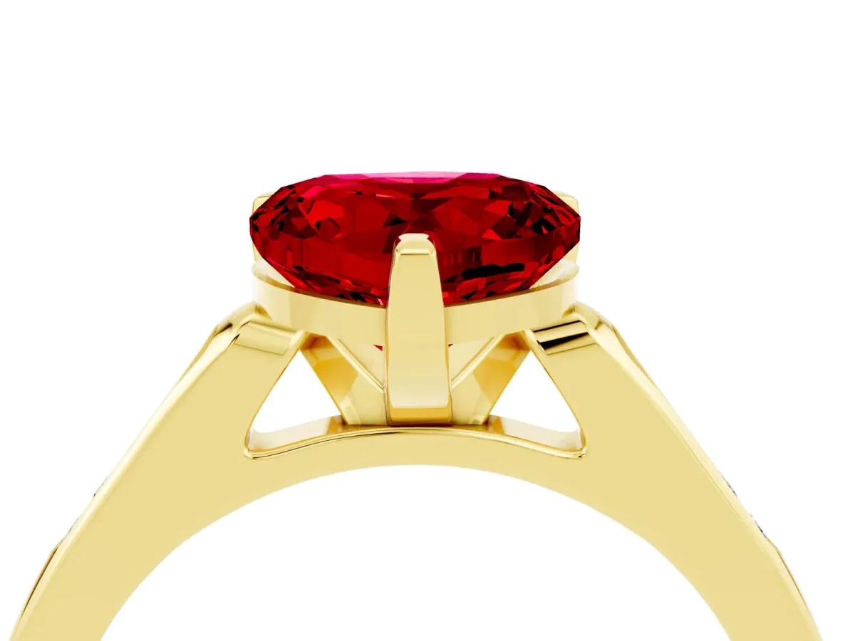 Heart Cut Ruby Solitaire Ring with Channel Set Round Band and Prong Setting Yellow gold
