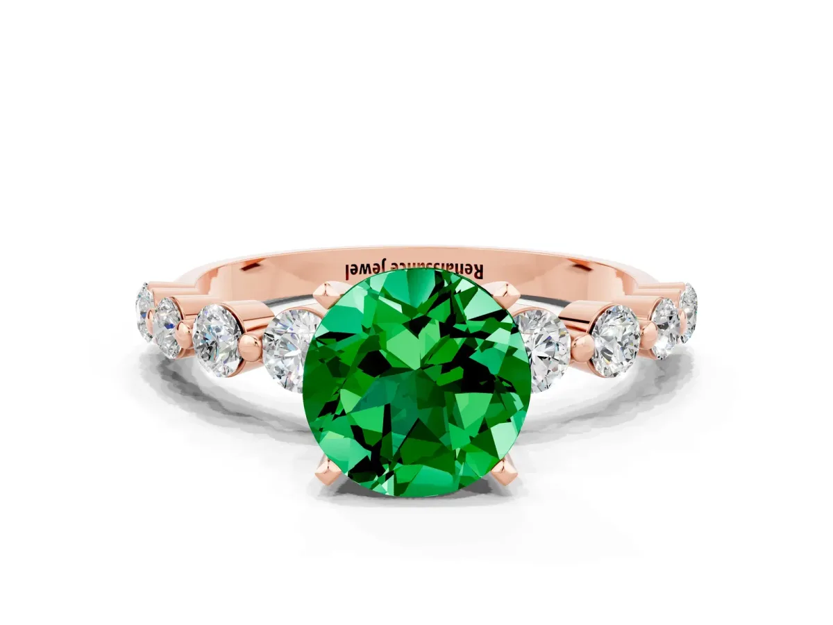 Round Cut Solitaire Emerald Ring with Pave Band and Four-Prong Setting Rose gold