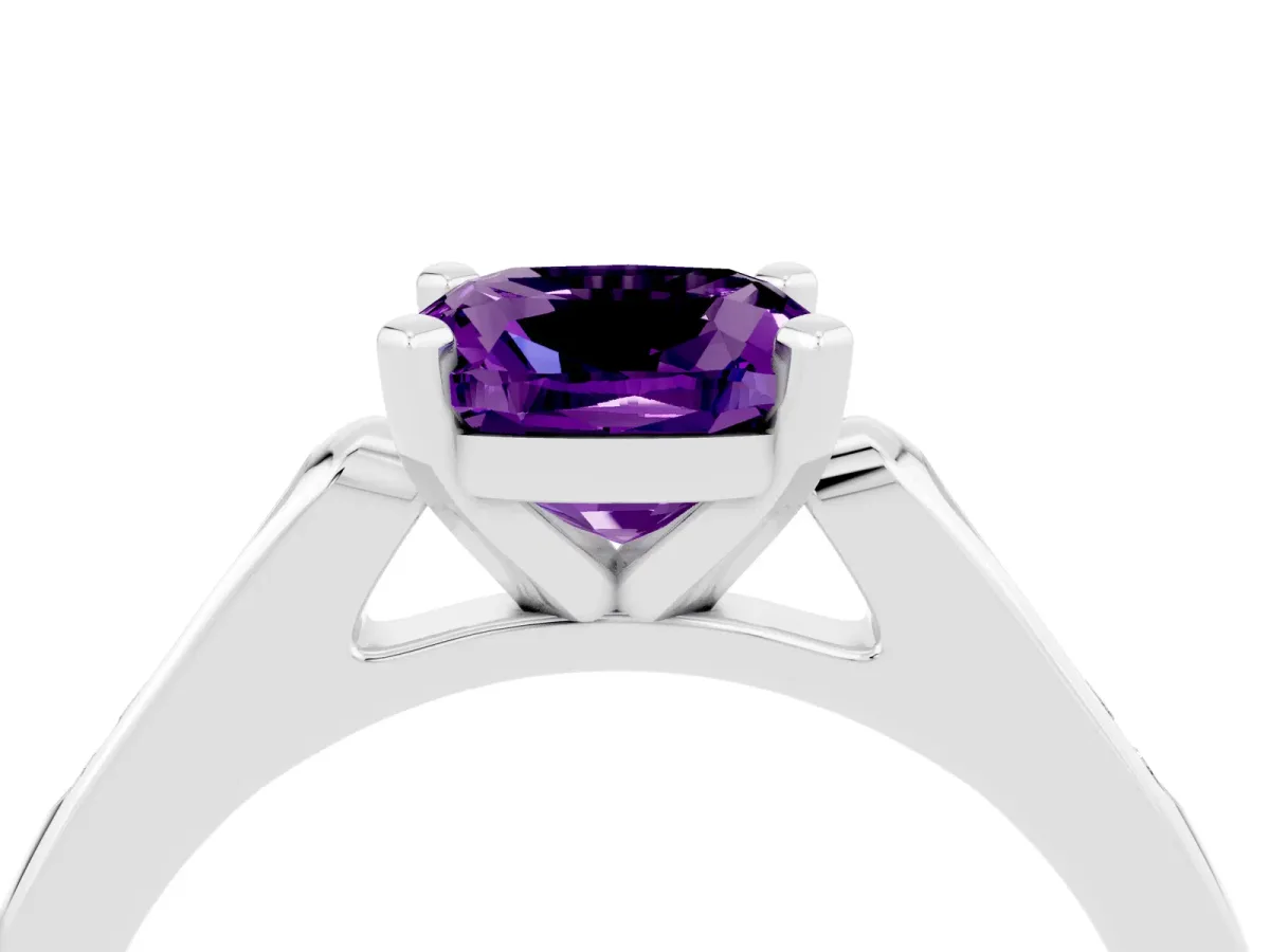 Cushion Cut Amethyst Solitaire Ring with Channel Set Round Band and Prong Setting Silver
