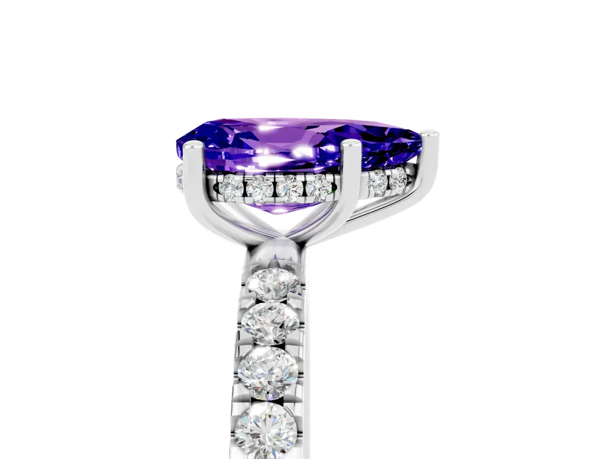 Pear Cut Tanzanite Pave Band Solitaire Ring with Round and Prong Setting Platinum