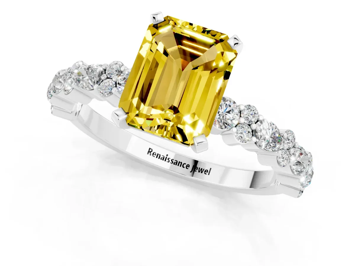 Emerald Cut Yellow Sapphire Side Stone Solitaire Ring with Round and Four-Prong Setting White gold
