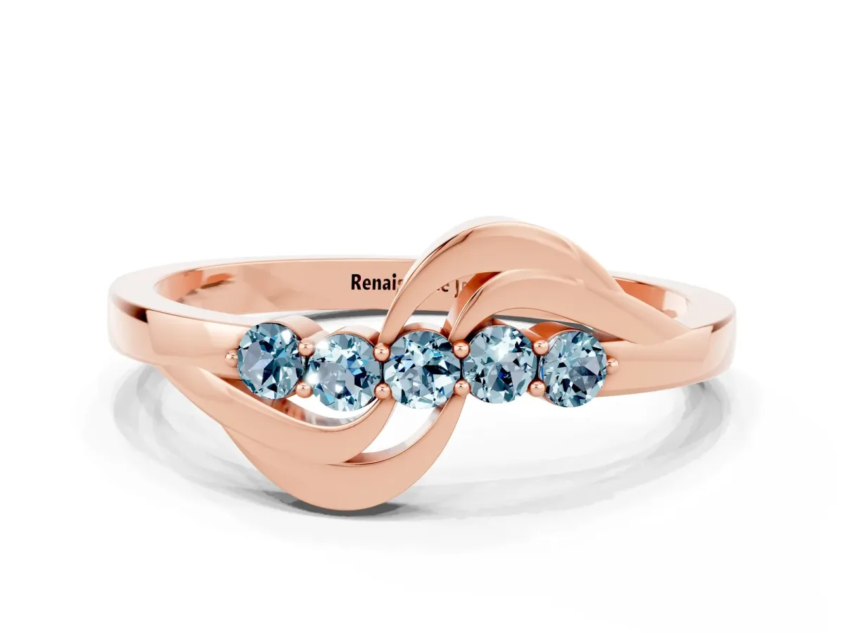 Five-Stone Round Aquamarine Crossover Band with Prong Setting Rose gold