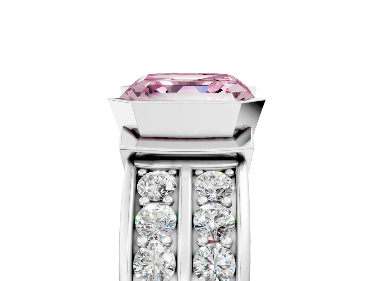 Fancy Pink Asscher Cut Brilliant Diamond Channel Set Wide Band Ring with Bezel Setting Platinum
