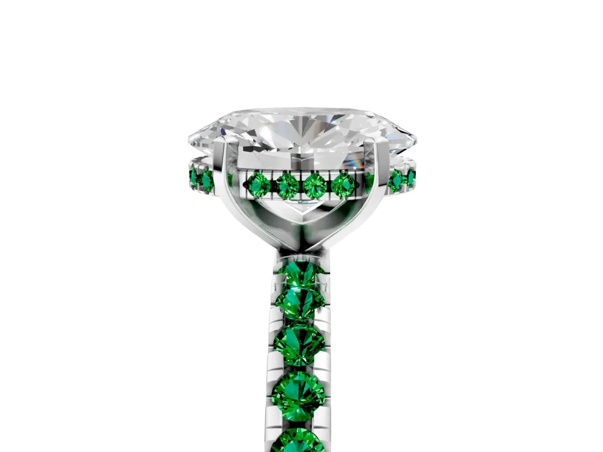 Oval Cut Diamond Solitaire Ring with Round Emerald Pavé Band and Four-Prong Setting Silver