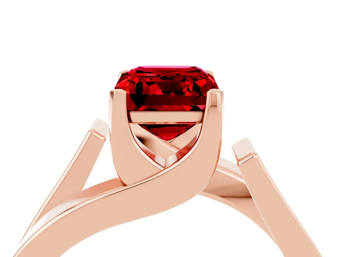 Modern Tension Set Emerald Cut Ruby Solitaire Wide Band Ring Rose gold