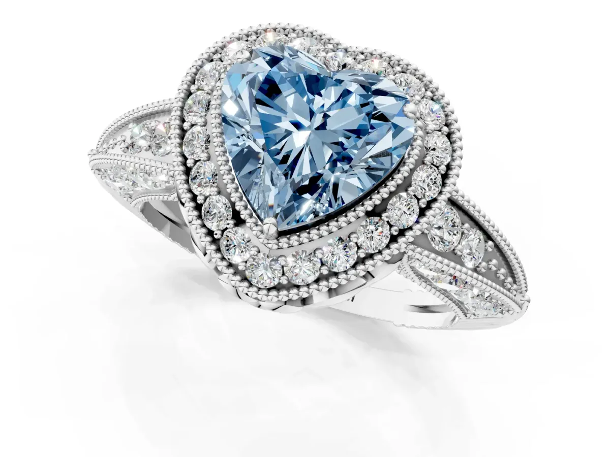Fancy Blue Heart Cut Halo Diamond Split Shank Ring with Milgrain Detail Platinum