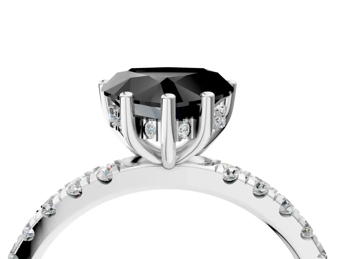 Fancy Black Heart Cut Diamond Pave Band Solitaire Ring with Round and Prong Setting Platinum